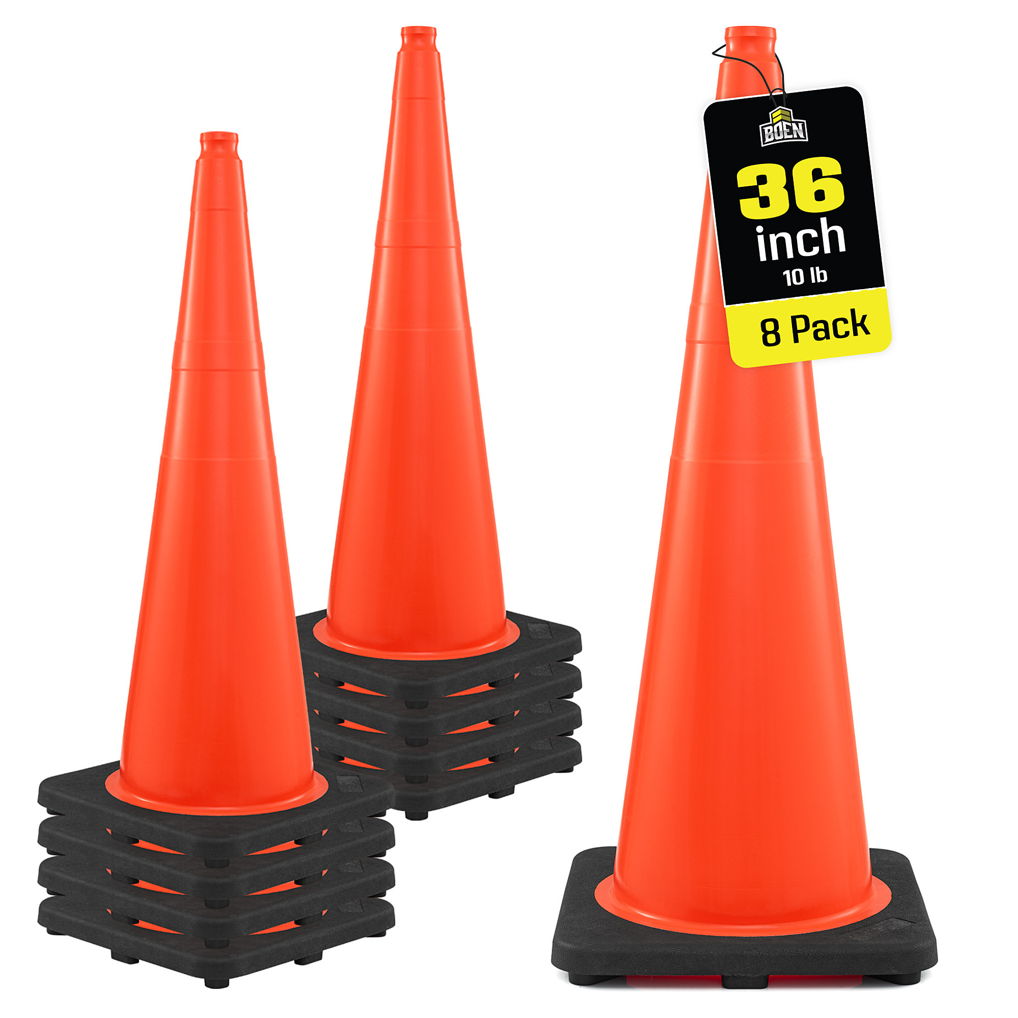 Boen 36 in, Orange Traffic Cones, 8-Pack, High-Visibility Safety Cones with 10 lb. Base for Parking, Construction & Traffic Control